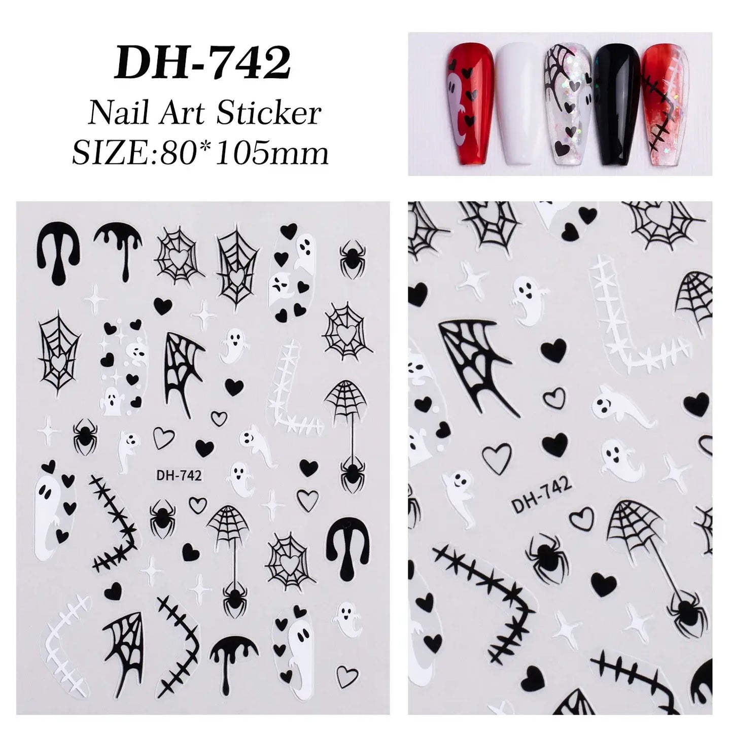 Nail art sticker with Halloween-themed designs on a white background