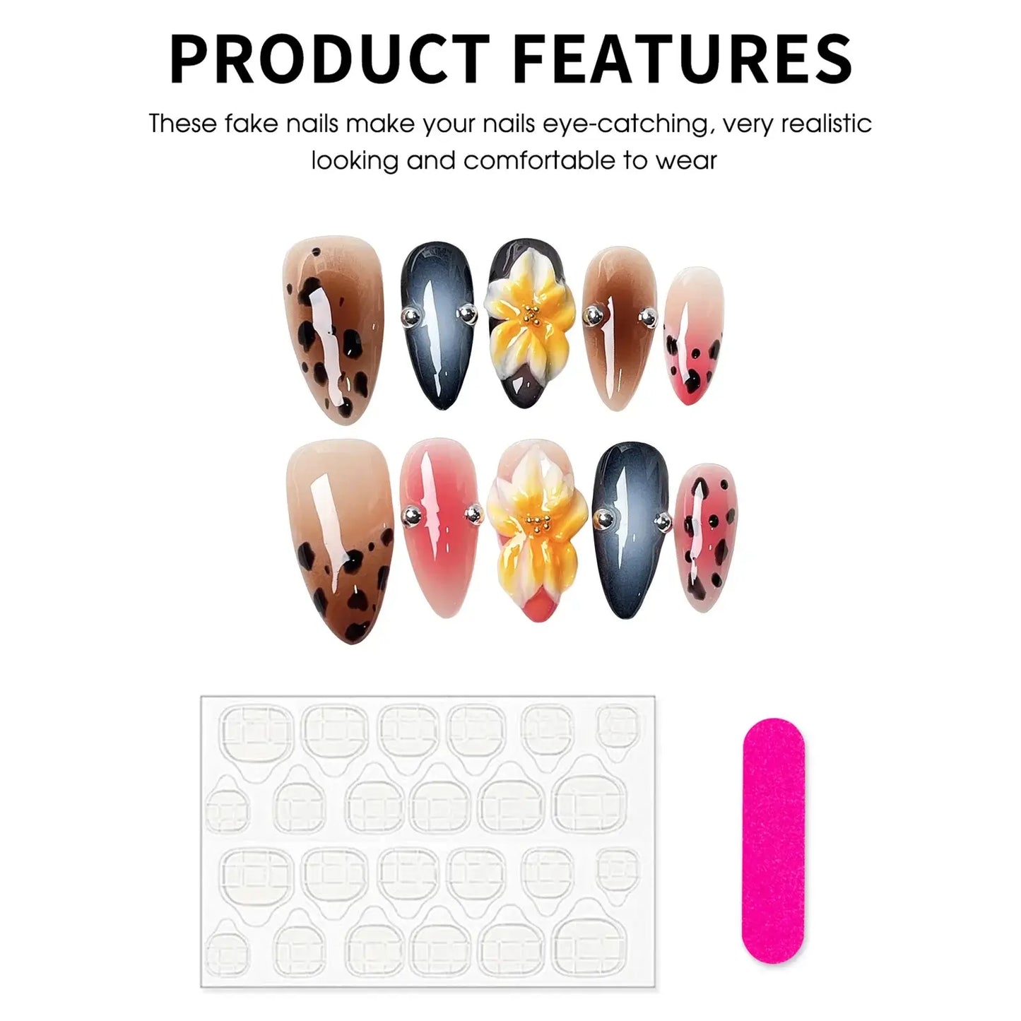 Colorful Press-On Nails – Flowers, Beads & Almond Tips