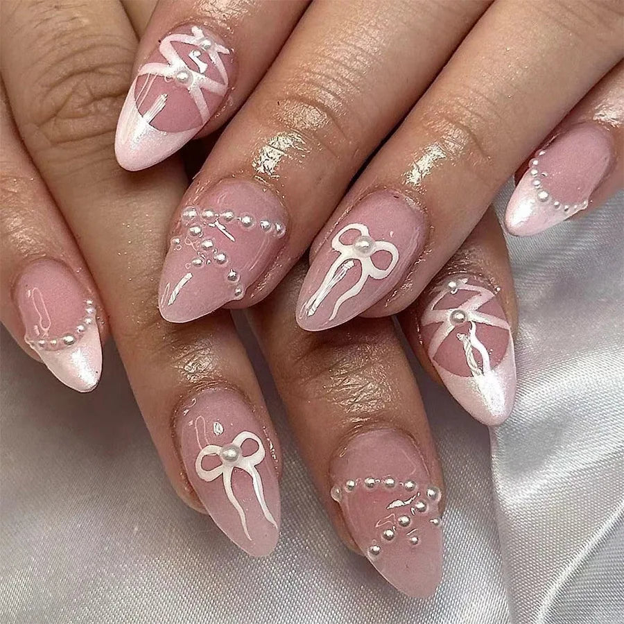 Almond Press On Nails | Long French Pink Bow & Flower Design