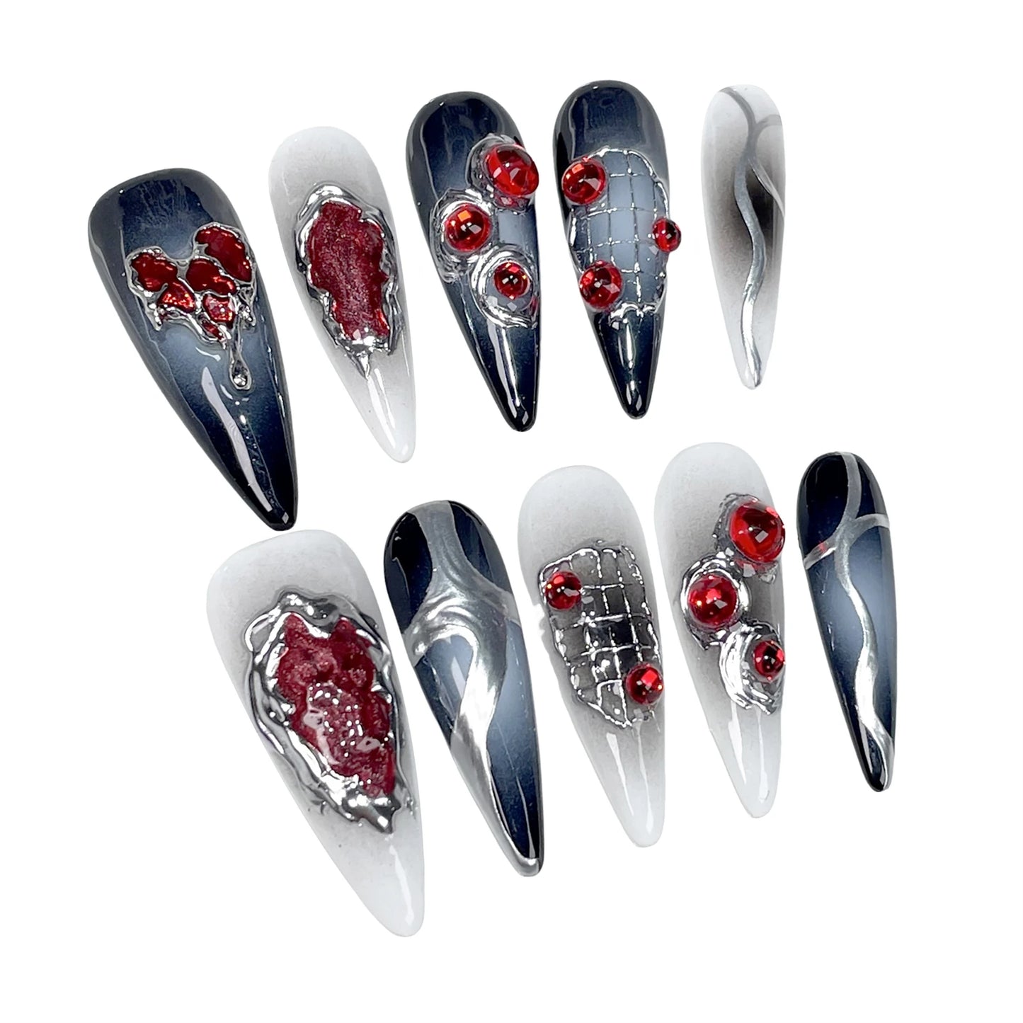 Halloween Gothic Press On Nails – Red Rhinestone Punk