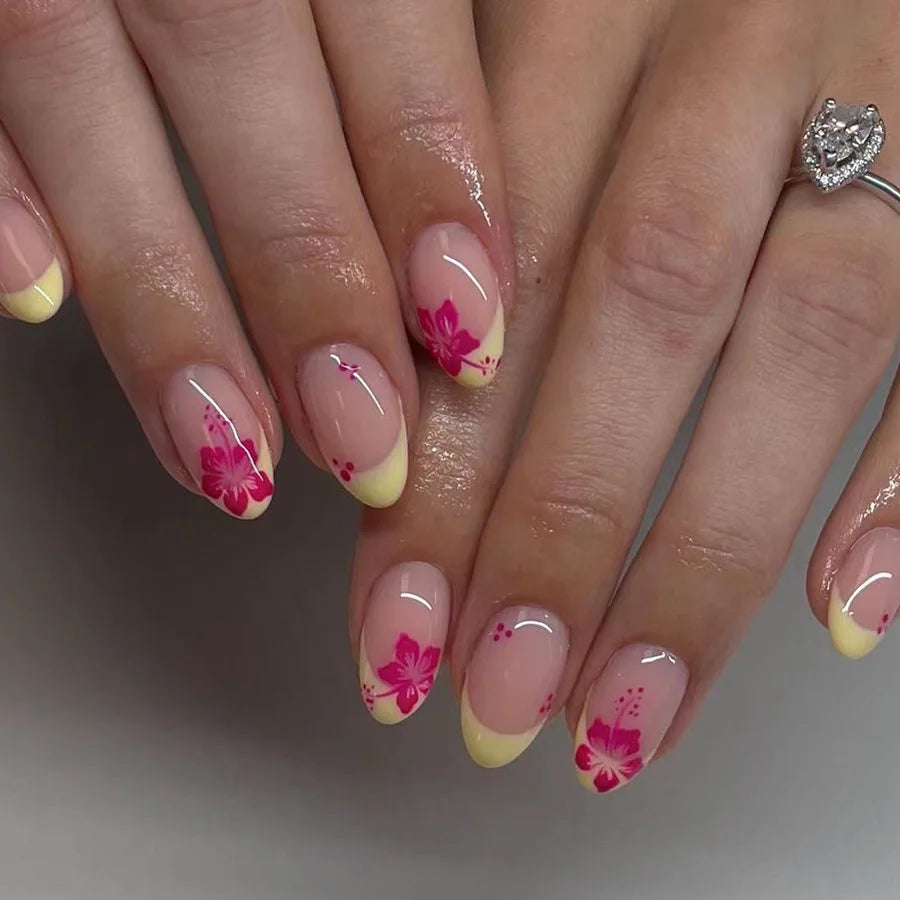 24Pcs Short Almond Press-On Nails – Pink Floral French Tip, Glossy & Elegant