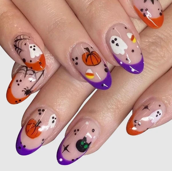 Halloween-themed nail art with pumpkins, ghosts, and spiders on a clear background.