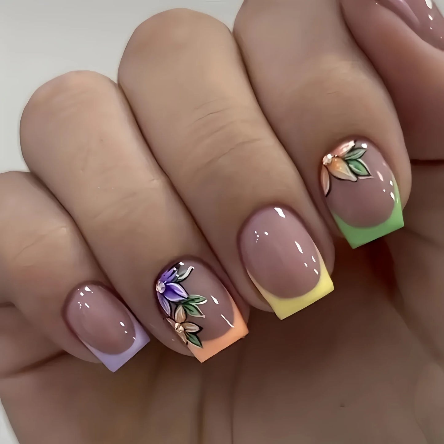 24Pcs Short Almond Press-On Nails – Pink Floral French Tip, Glossy & Elegant
