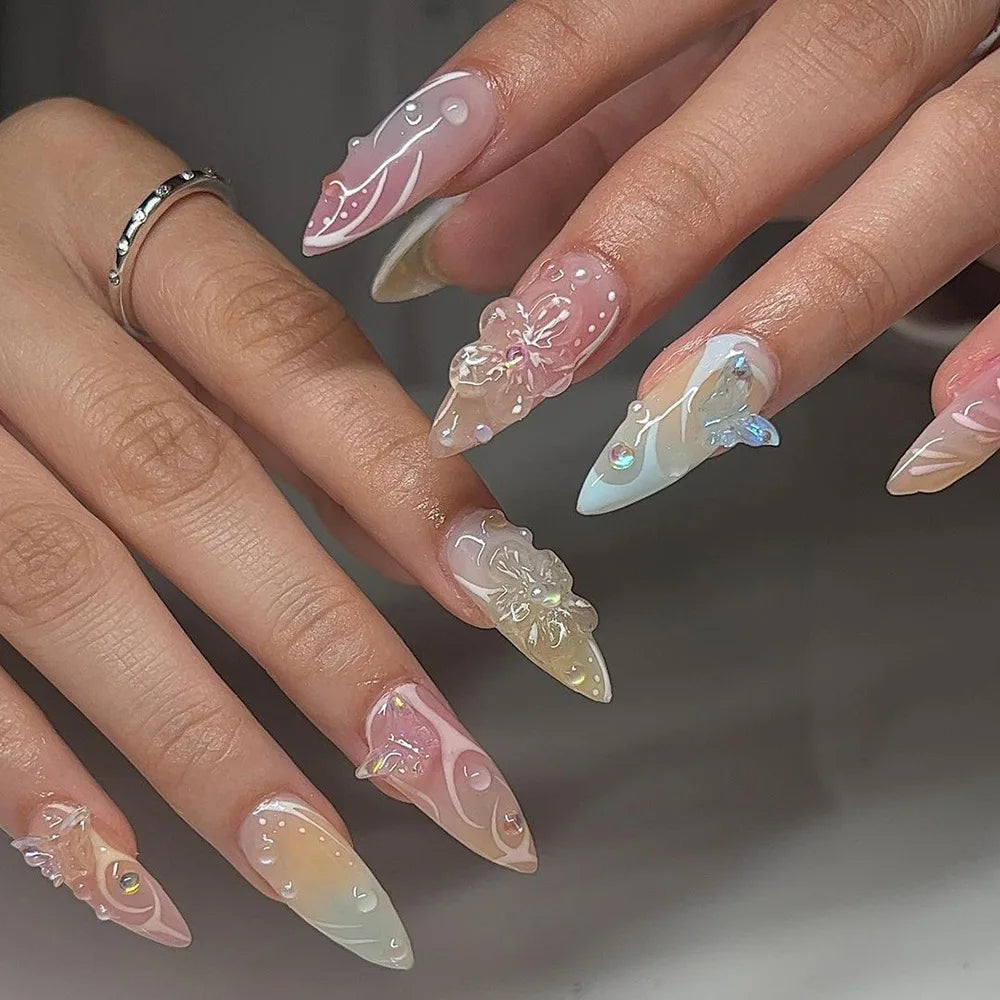 Almond Press On Nails | Long French Pink Bow & Flower Design