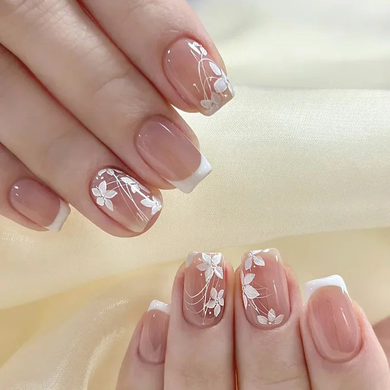 24Pcs Short Almond Press-On Nails – Pink Floral French Tip, Glossy & Elegant