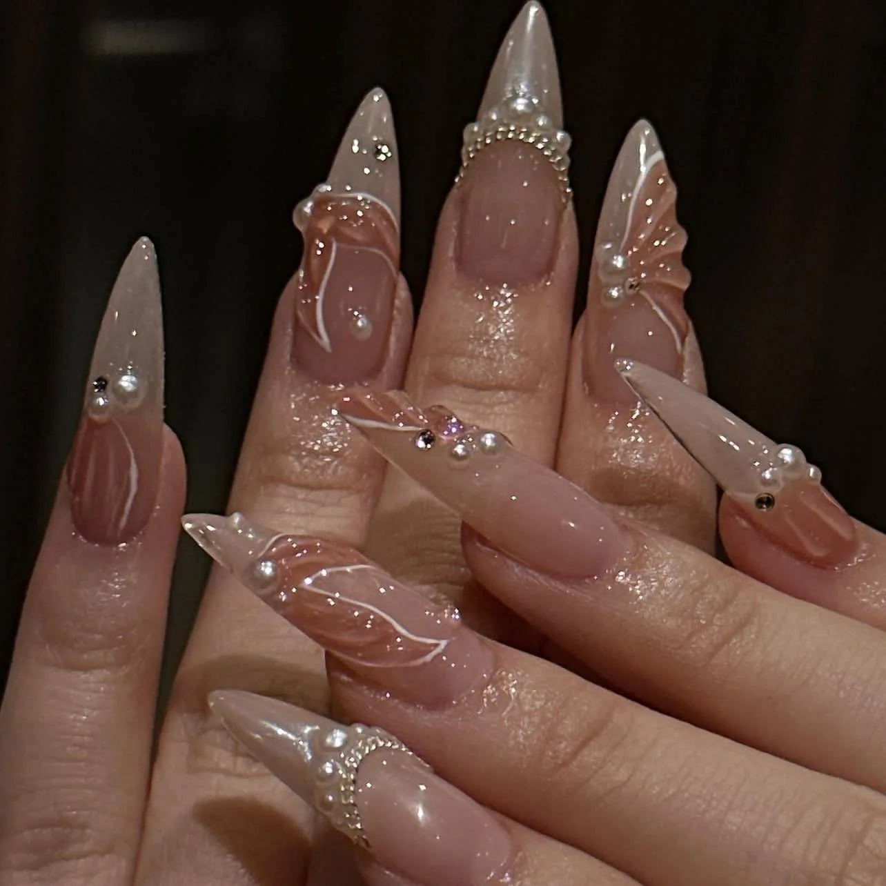 Almond Press On Nails | Long French Pink Bow & Flower Design