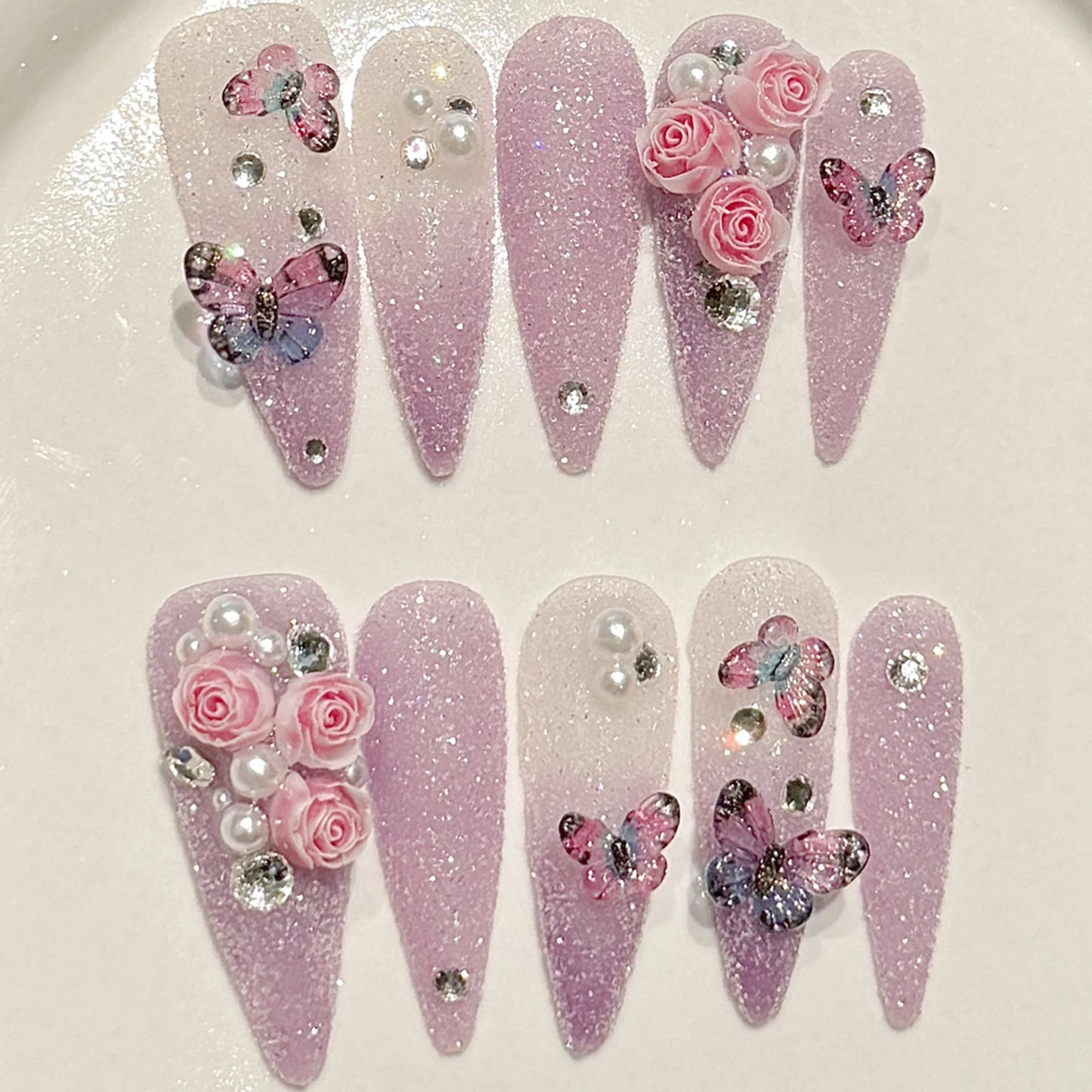 Handmade Glitter Butterfly Rose Long Almond Nails