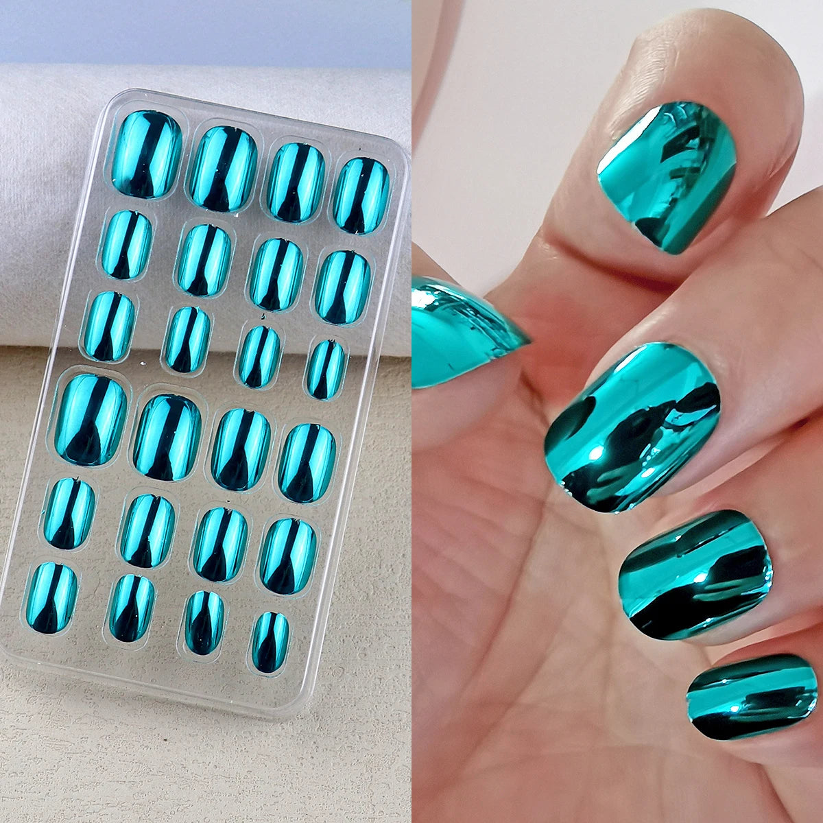 Mirror Chrome Press-On Nails – 24 Metallic Oval Tips