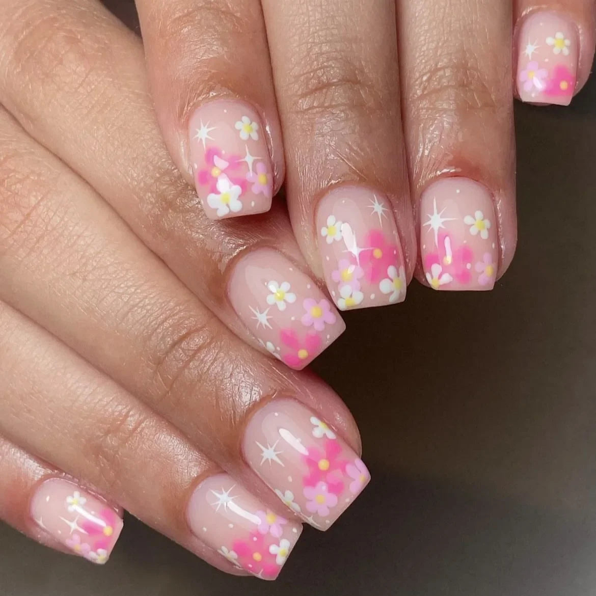 24Pcs Short Almond Press-On Nails – Pink Floral French Tip, Glossy & Elegant