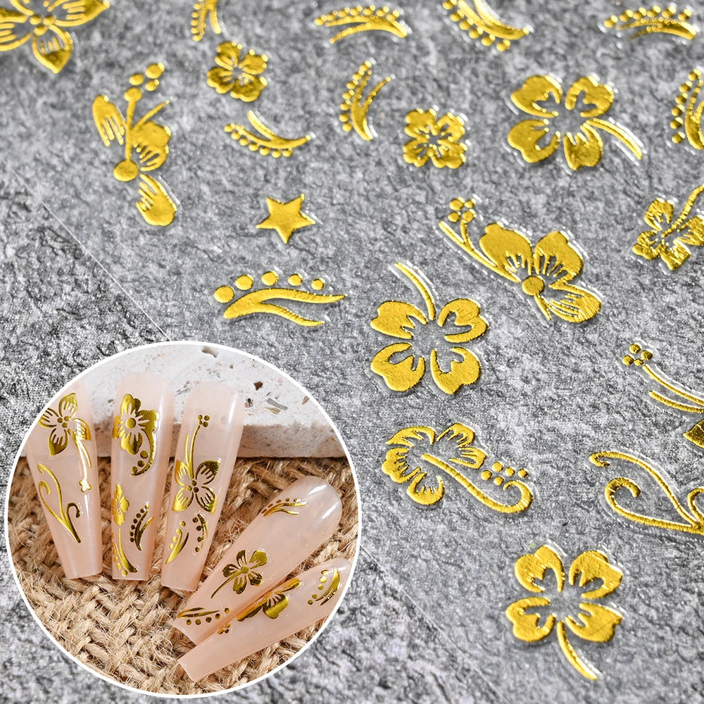3D Hibiscus Flower Nail Stickers – White & Black Petals with Pink & Gold Accents