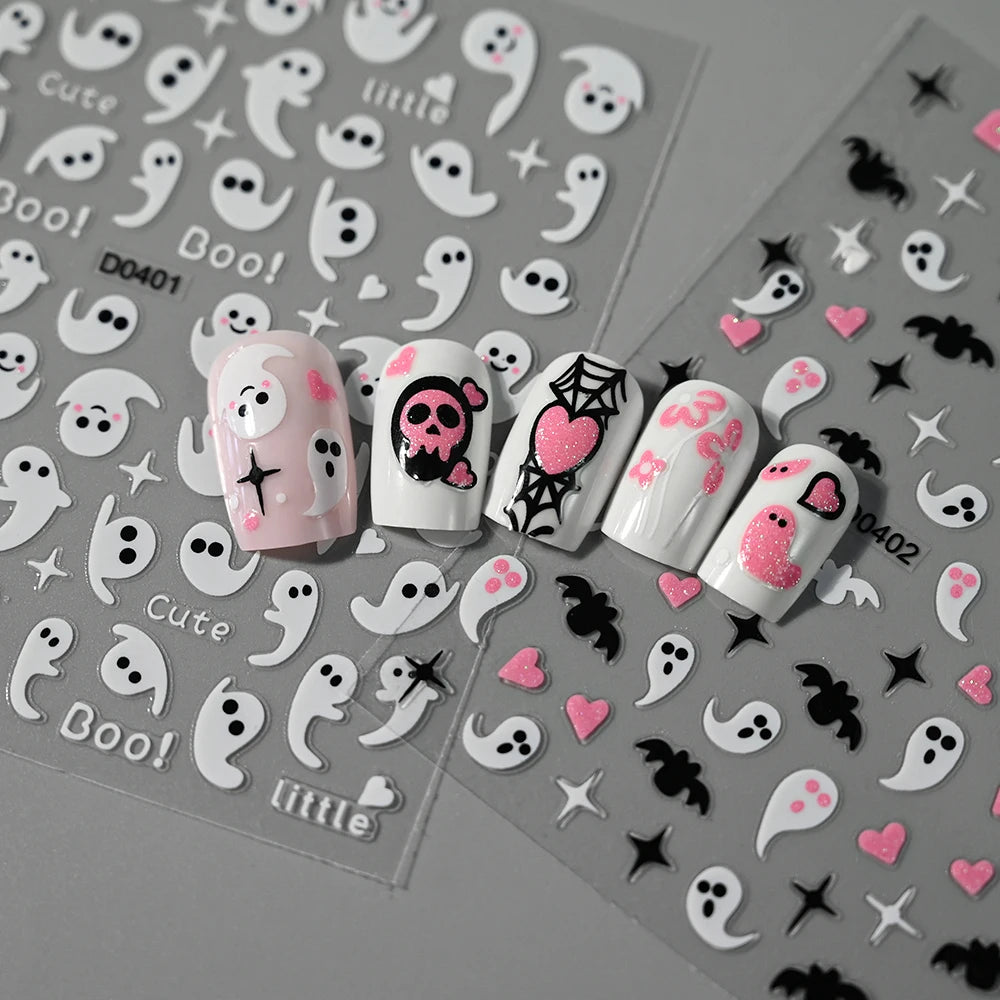 Nail art stickers with Halloween designs on a gray background
