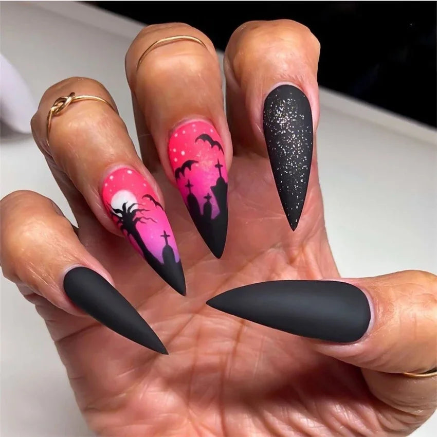 Halloween Round Acrylic Press On Nails – 24PCS Long Set