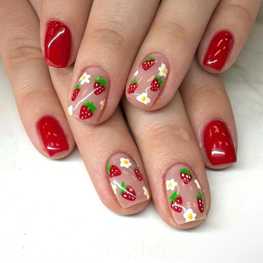 24Pcs Short Almond Press-On Nails – Pink Floral French Tip, Glossy & Elegant