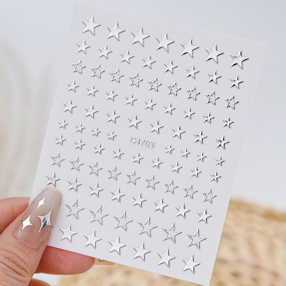 1pc Y2K Silver & Gold Star Nail Art Stickers – Glossy Laser Starlight Decal for Easy Nail Art