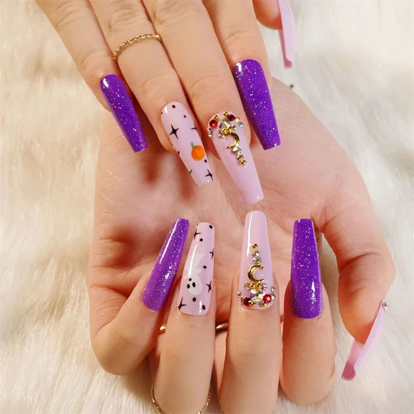 Halloween Round Acrylic Press On Nails – 24PCS Long Set