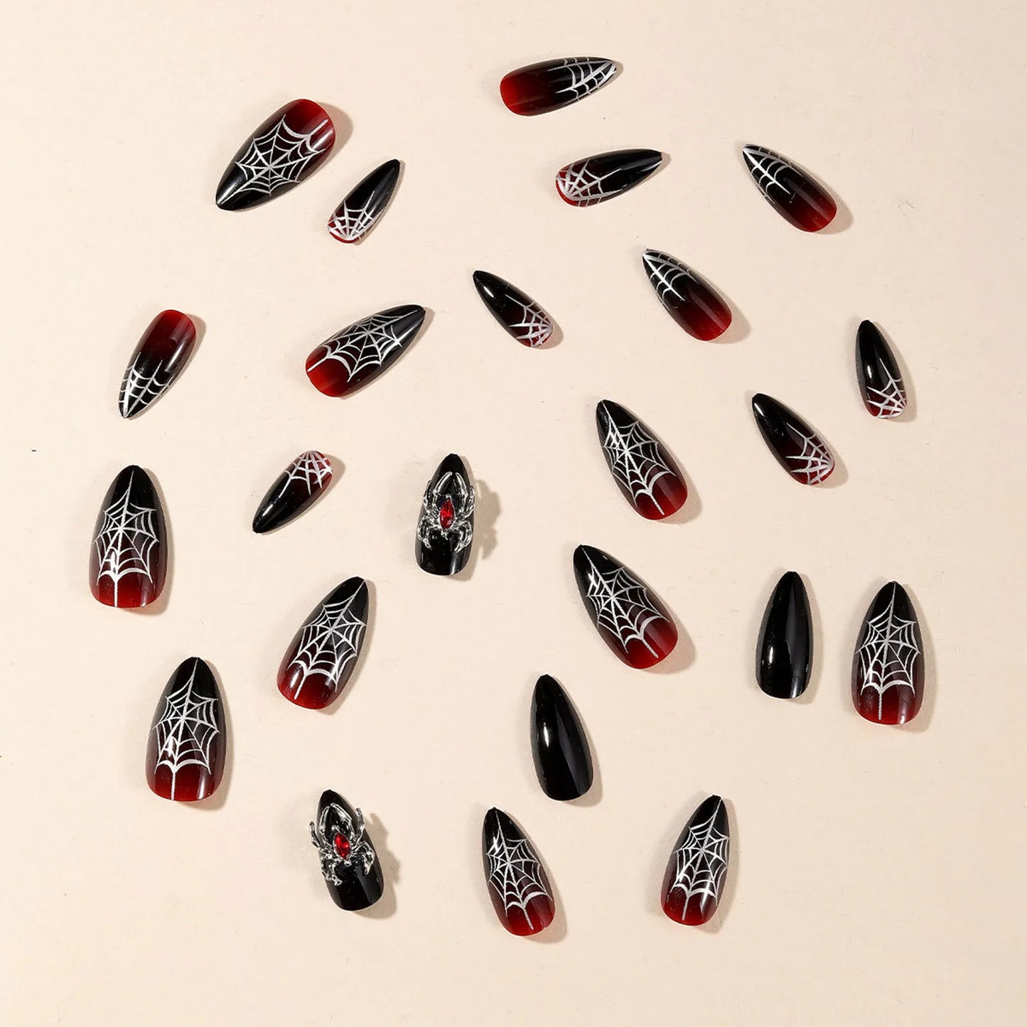 Halloween Fake Nails – 3D Metal Spider Almond Black & Red Press-On Nails