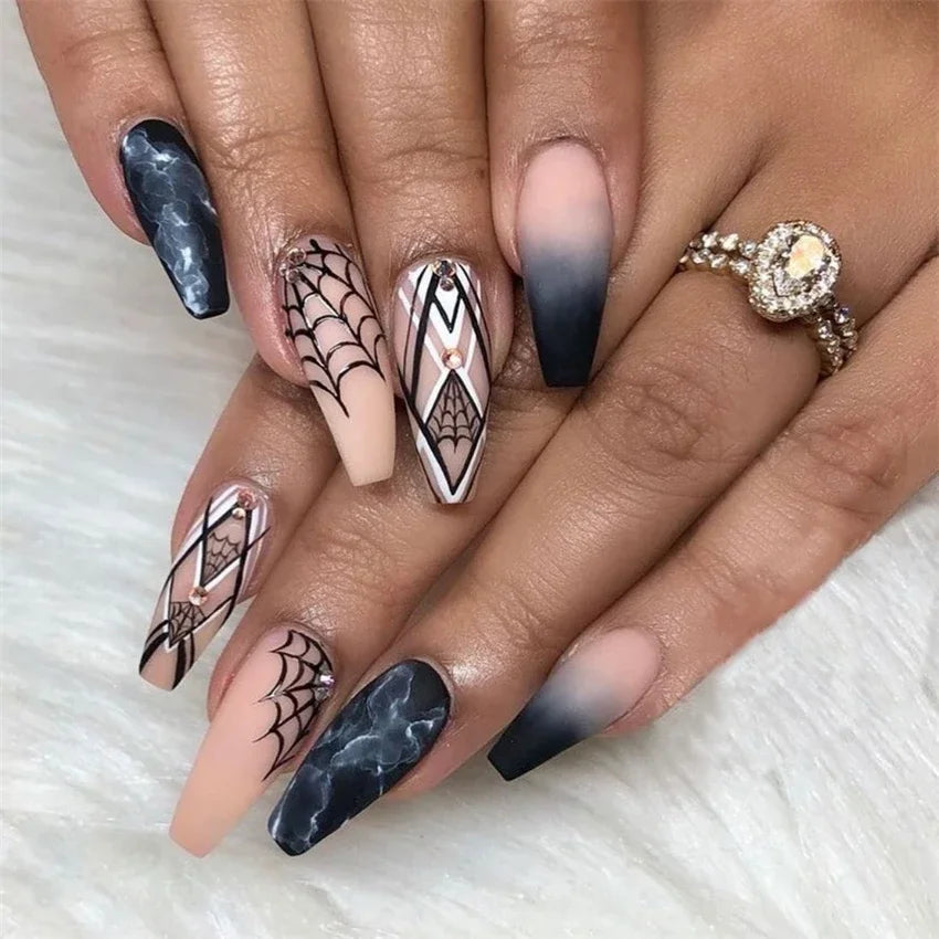 Halloween Round Acrylic Press On Nails – 24PCS Long Set