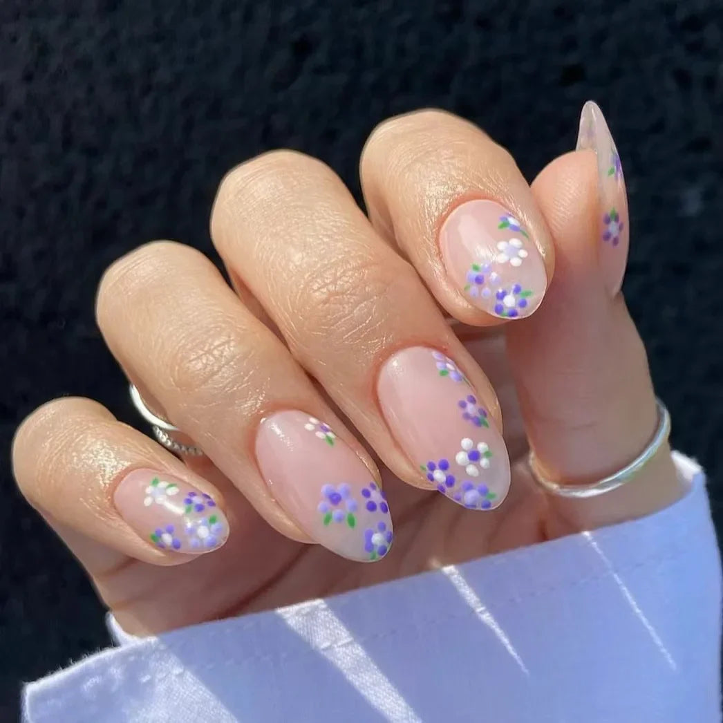 24Pcs Short Almond Press-On Nails – Pink Floral French Tip, Glossy & Elegant
