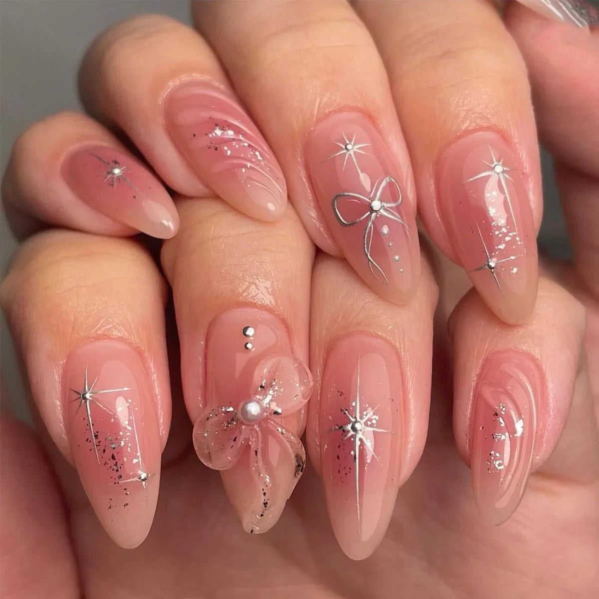 Almond Press On Nails | Long French Pink Bow & Flower Design