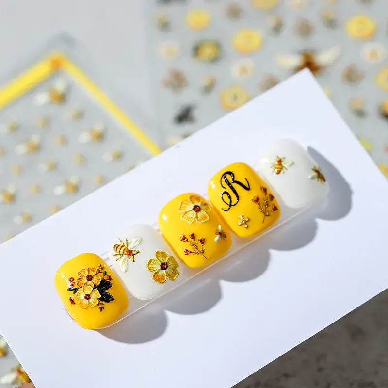 5D Kawaii Bee Nail Stickers – Yellow Embroidered Effect