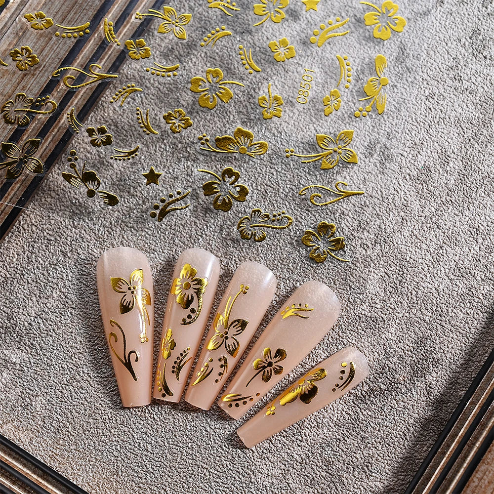 3D Hibiscus Flower Nail Stickers – White & Black Petals with Pink & Gold Accents