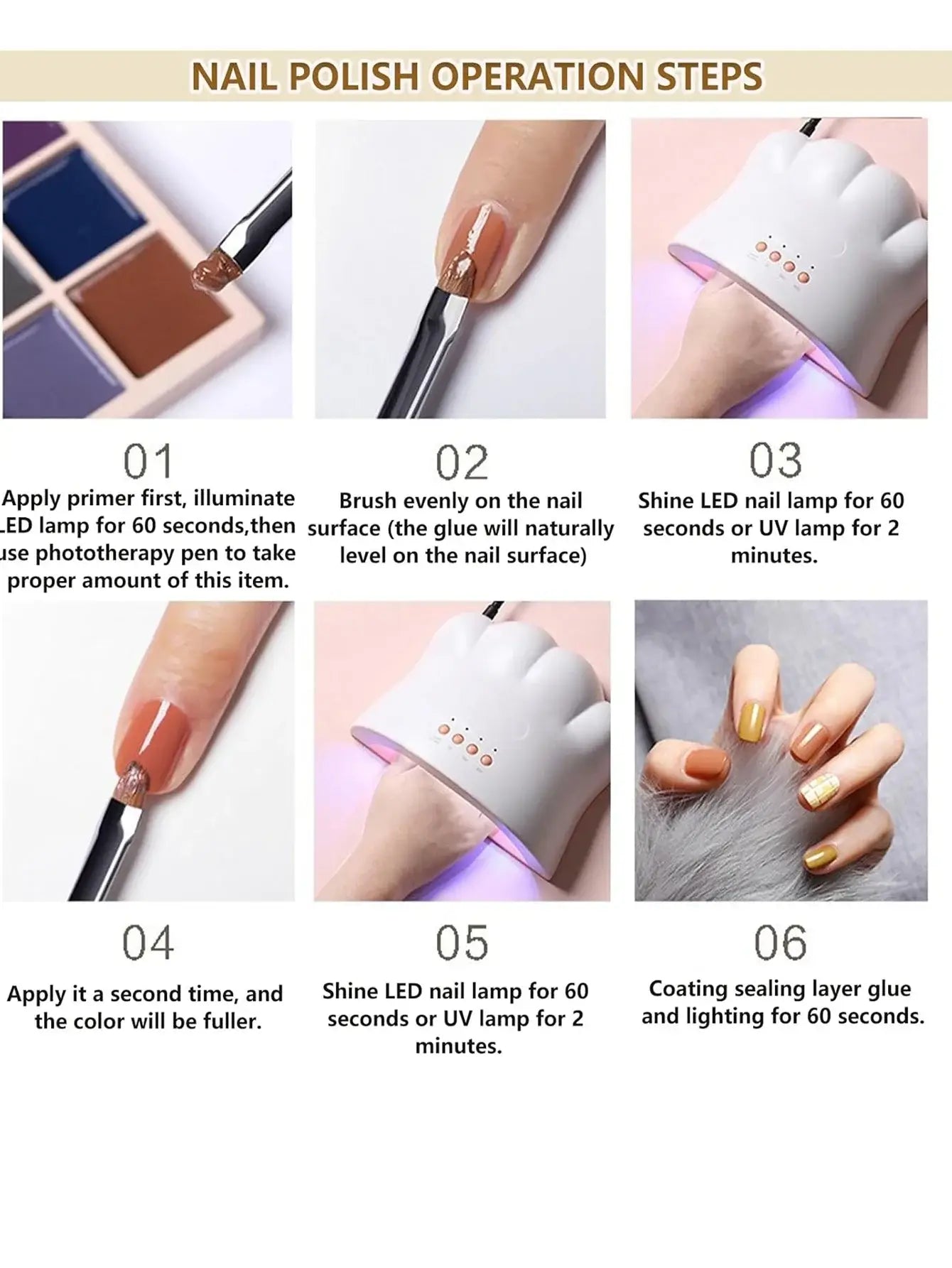 Step-by-step guide to nail polish application with LED lamp usage.