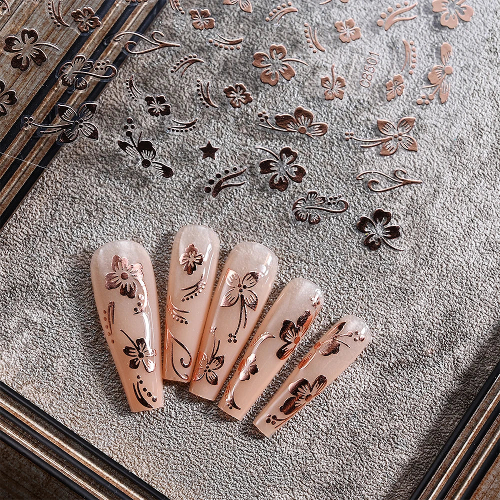3D Hibiscus Flower Nail Stickers – White & Black Petals with Pink & Gold Accents