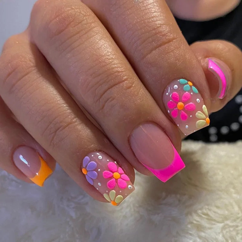 24Pcs Short Almond Press-On Nails – Pink Floral French Tip, Glossy & Elegant