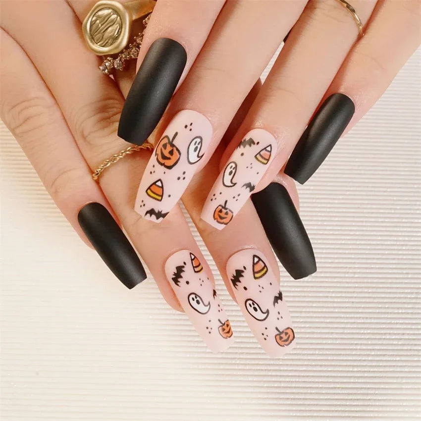 Halloween Round Acrylic Press On Nails – 24PCS Long Set