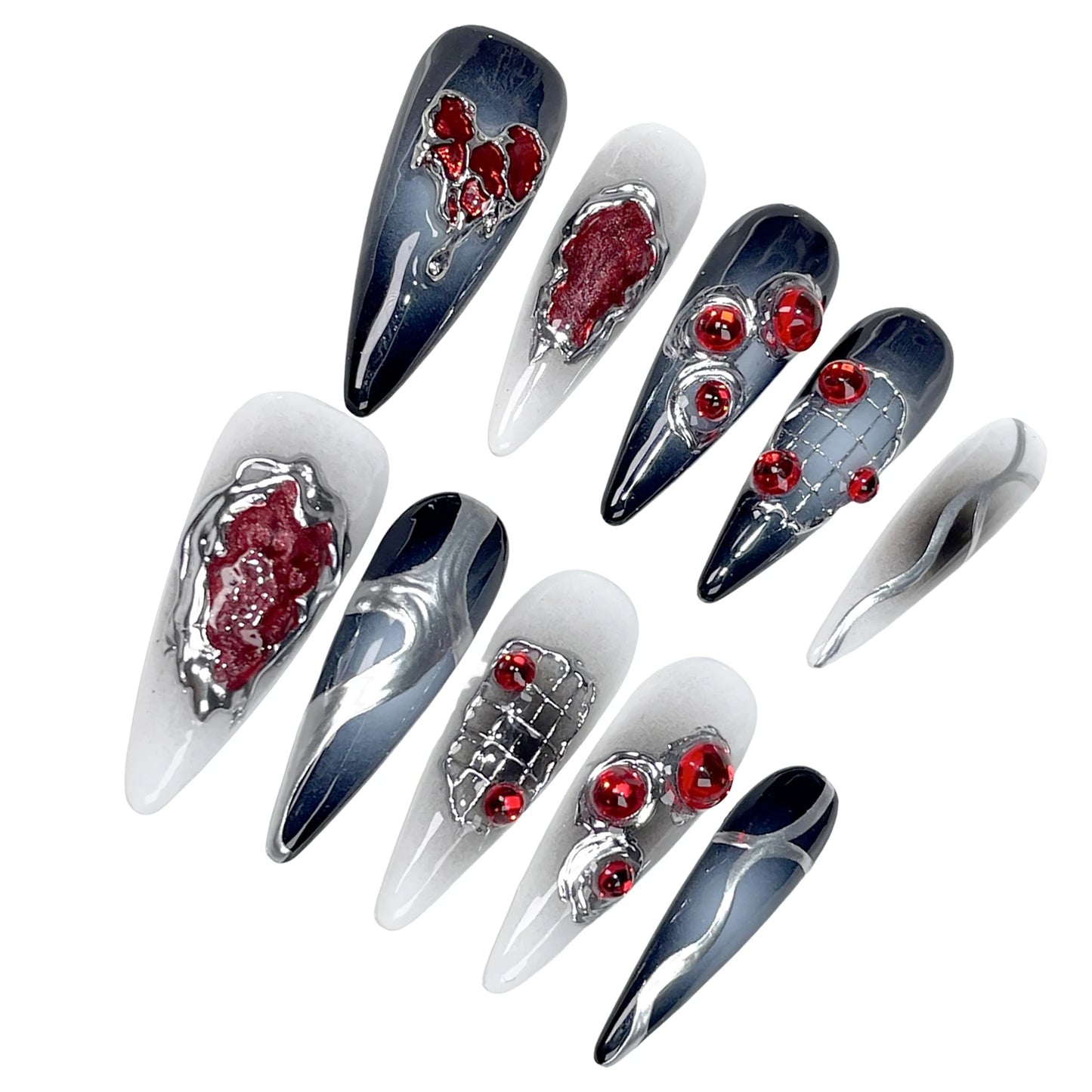 Halloween Gothic Press On Nails – Red Rhinestone Punk