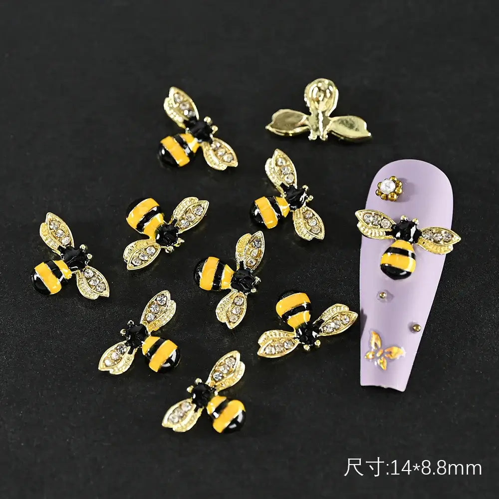 10Pcs Alloy Enamel Bee Design 3D Nail Charms