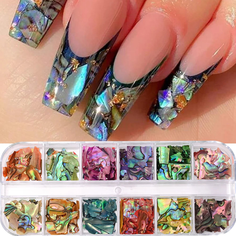 Aurora Abalone Shell Flakes – 12 Grid Nail Art Set