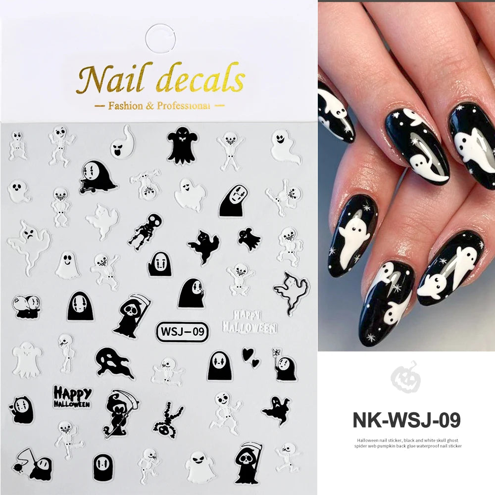 Halloween-themed nail decals with ghost designs on a white backing, shown on a hand with black and white nails.