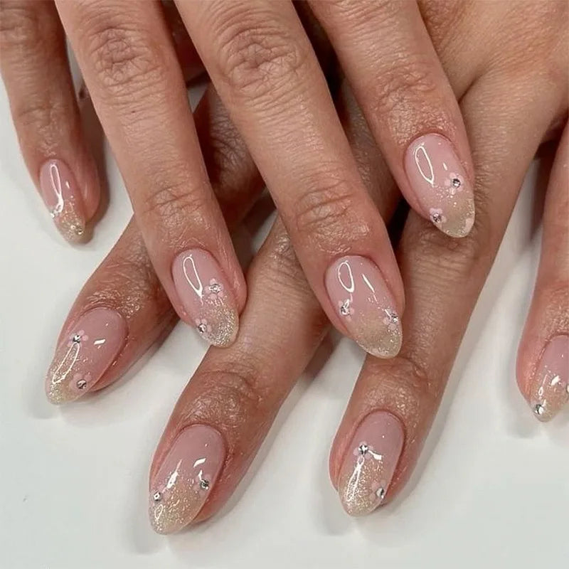 Almond Press On Nails | Long French Pink Bow & Flower Design