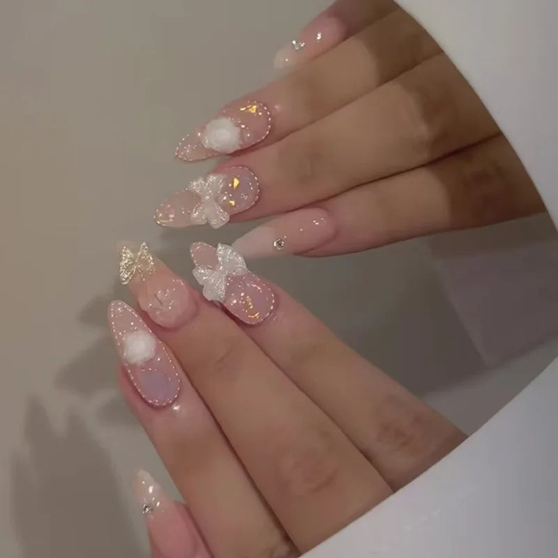 Almond Press On Nails | Long French Pink Bow & Flower Design