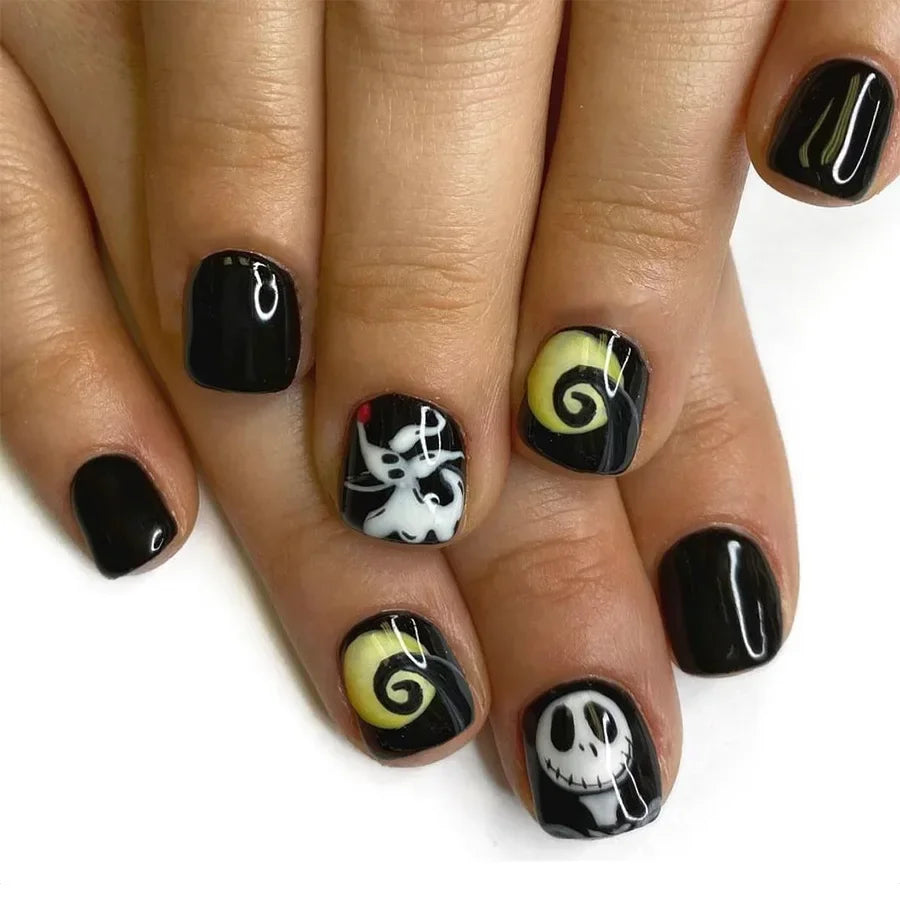Nail art design inspired by 'The Nightmare Before Christmas' on a white background