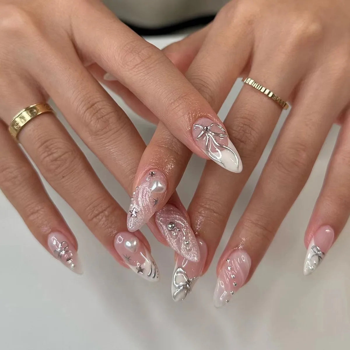 Almond Press On Nails | Long French Pink Bow & Flower Design