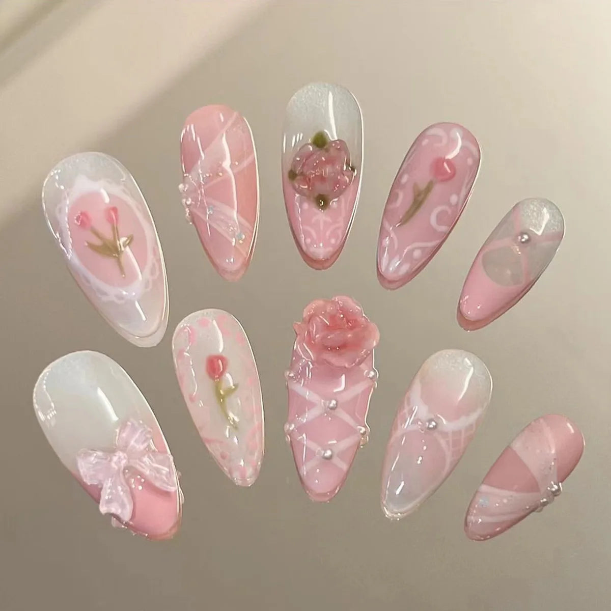 Almond Press On Nails | Long French Pink Bow & Flower Design