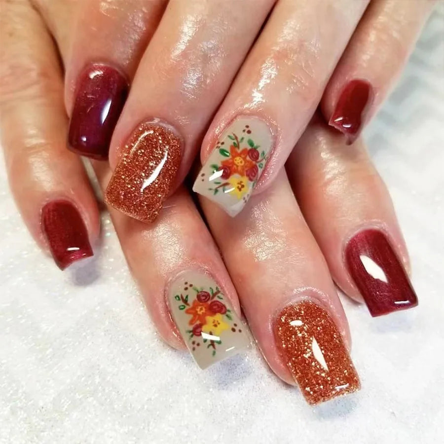 24Pcs Short Almond Press-On Nails – Pink Floral French Tip, Glossy & Elegant