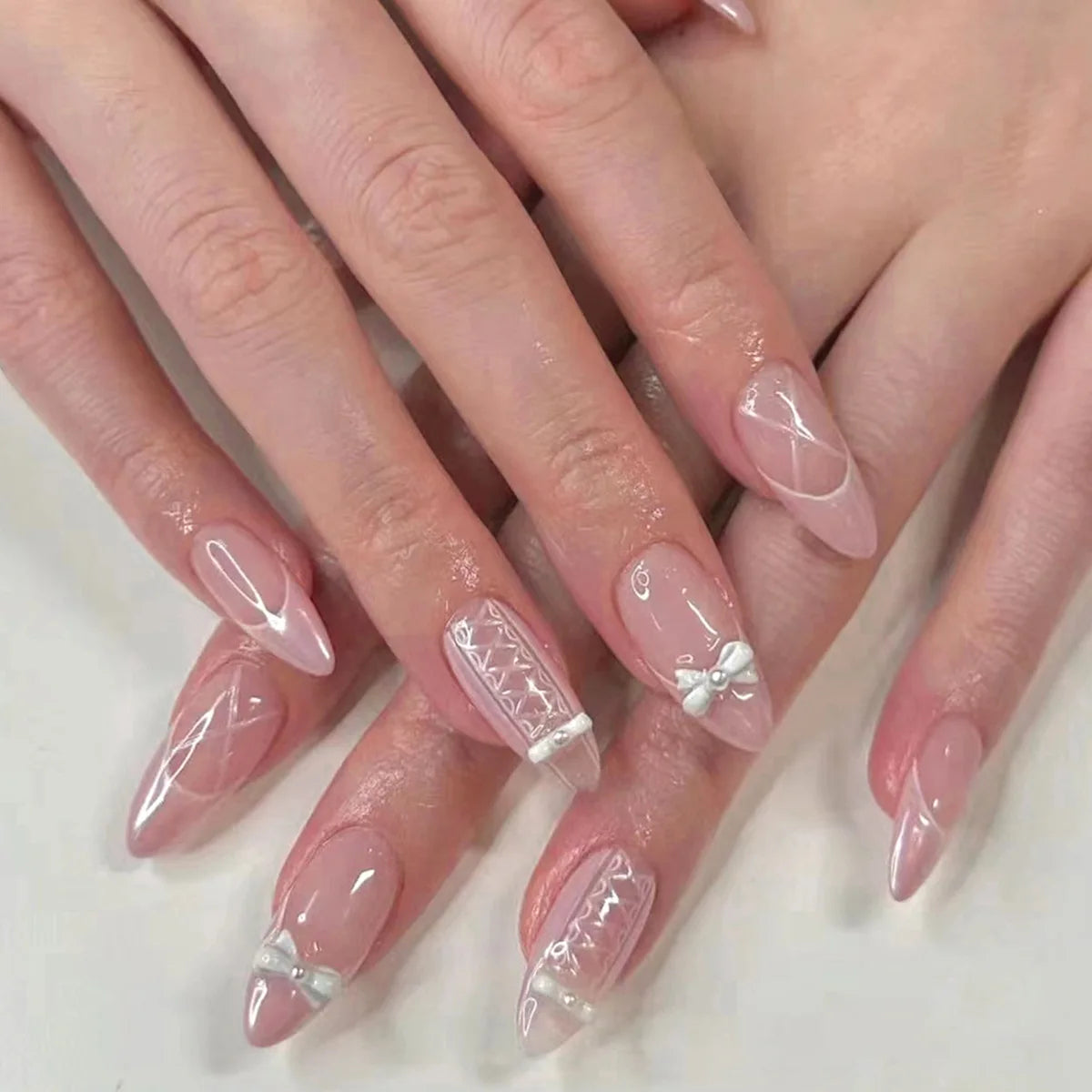Almond Press On Nails | Long French Pink Bow & Flower Design