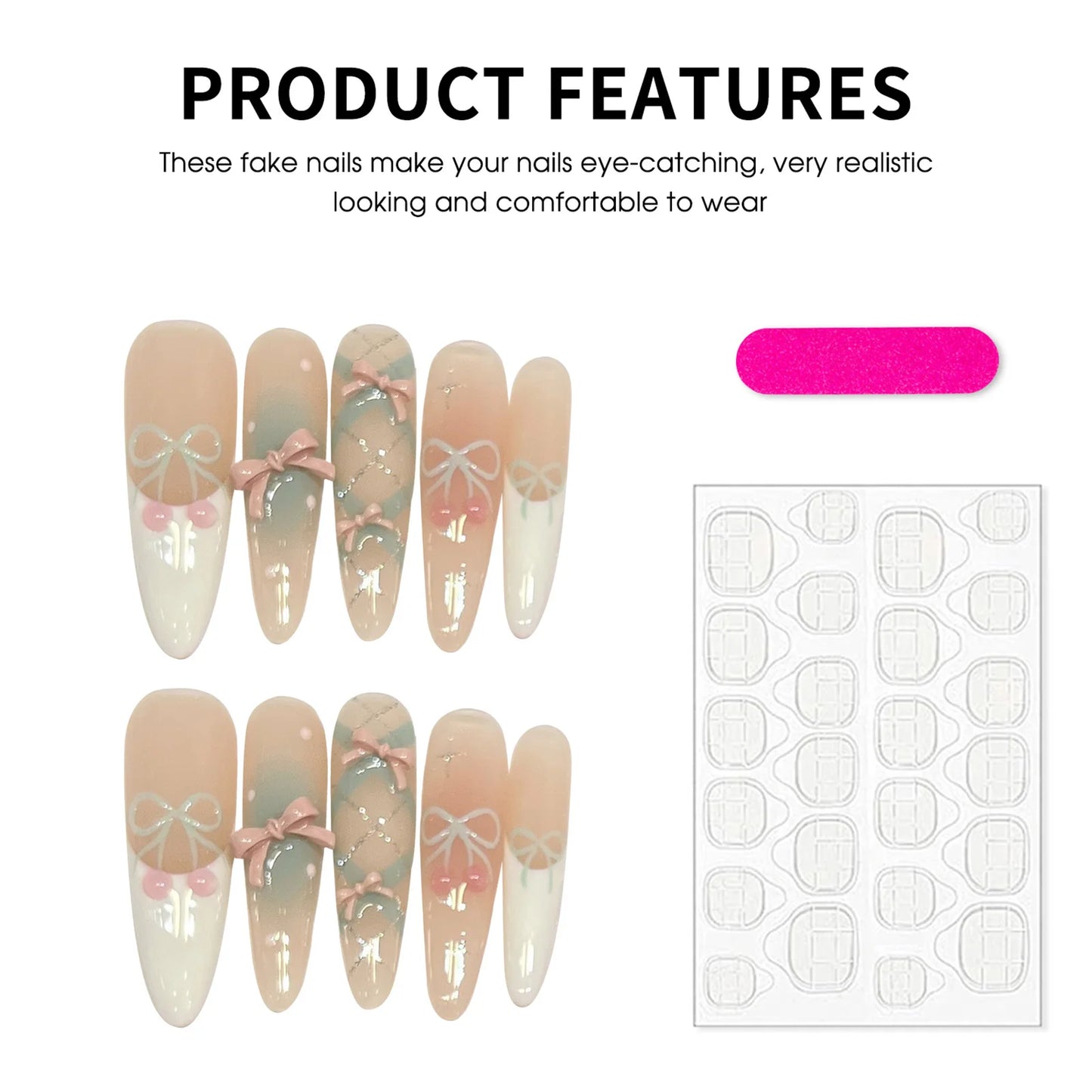 Press On Nails with 3D Bowknot | Handmade Reusable False Nails