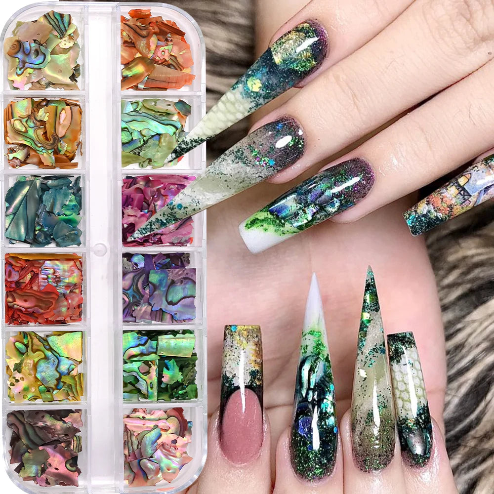 Aurora Abalone Shell Flakes – 12 Grid Nail Art Set