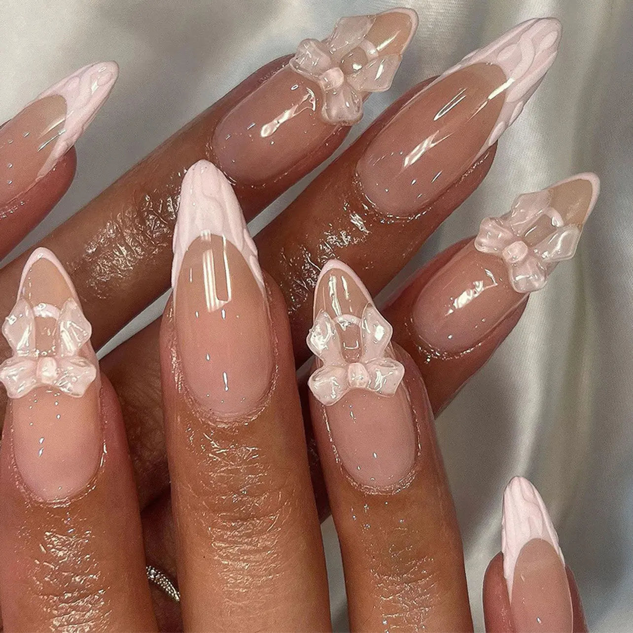 Almond Press On Nails | Long French Pink Bow & Flower Design