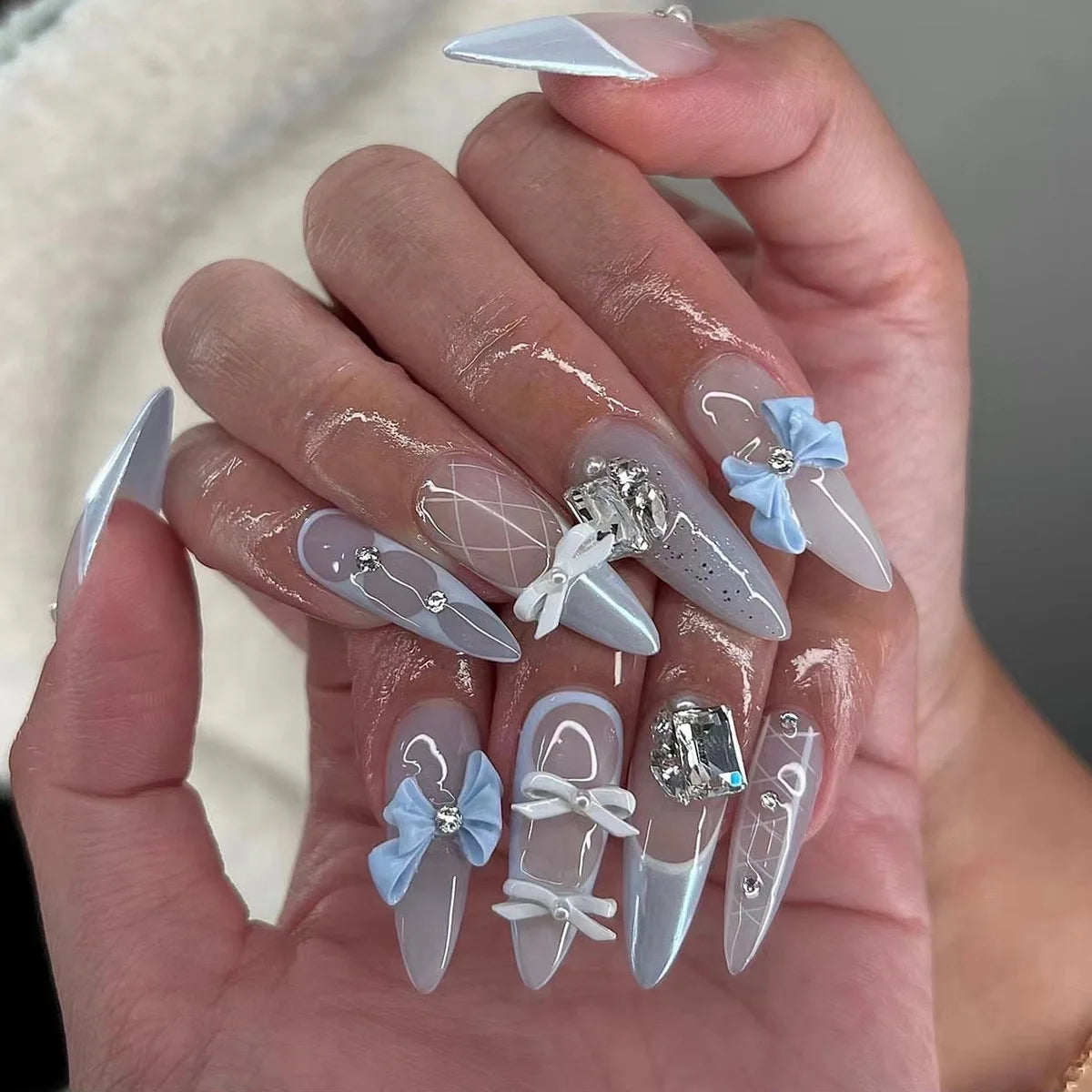 Almond Press On Nails | Long French Pink Bow & Flower Design