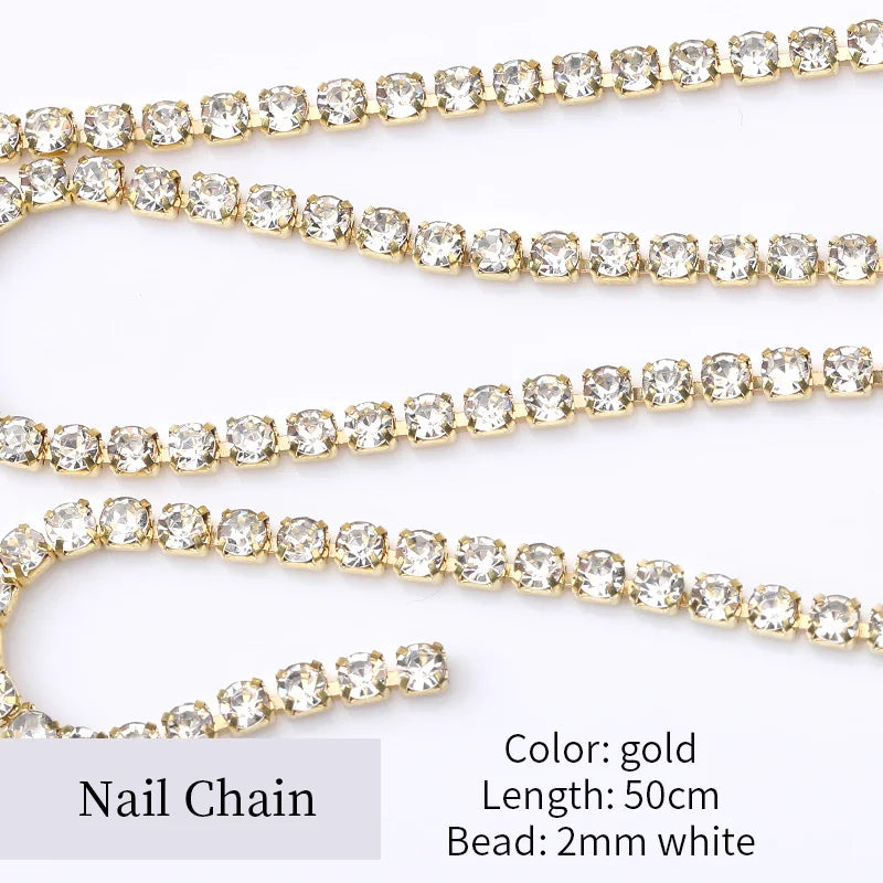 3D Rhinestone & Pearl Claw Nail Chain – Gold & Silver Metal Beads