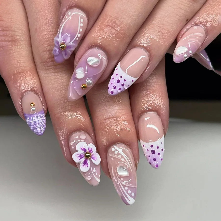 Almond Press On Nails | Long French Pink Bow & Flower Design