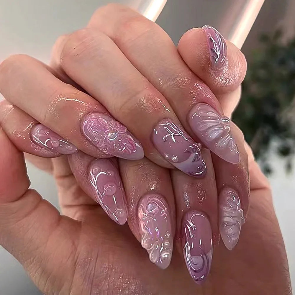 Almond Press On Nails | Long French Pink Bow & Flower Design