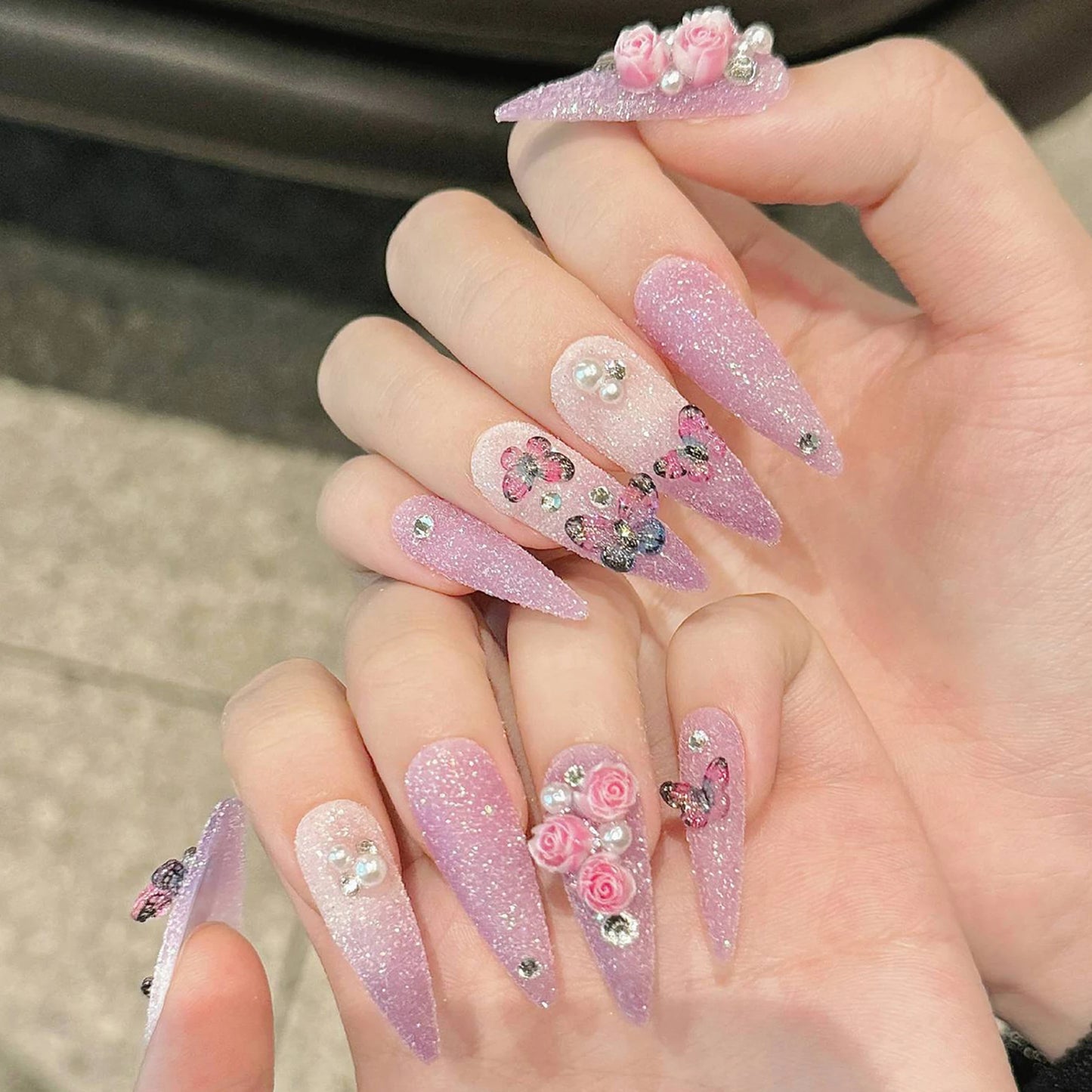 Handmade Glitter Butterfly Rose Long Almond Nails