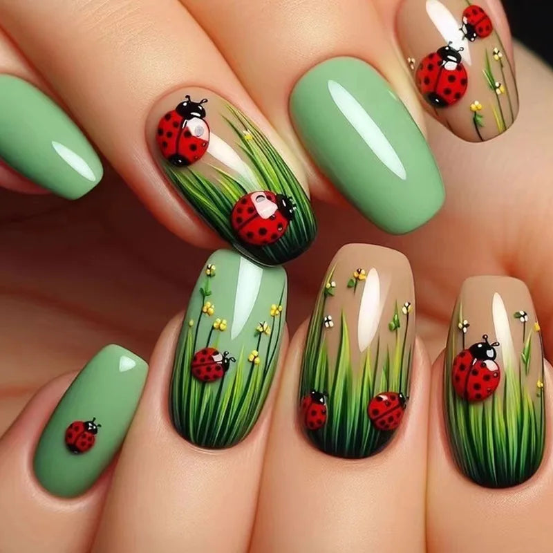24Pcs Short Almond Press-On Nails – Pink Floral French Tip, Glossy & Elegant
