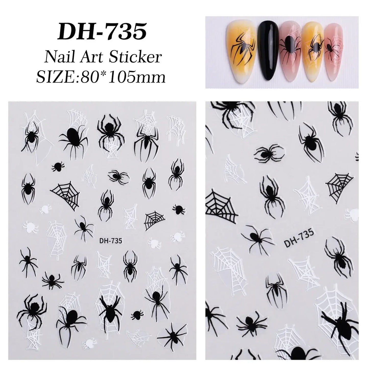 Nail art sticker with spider design on a white background